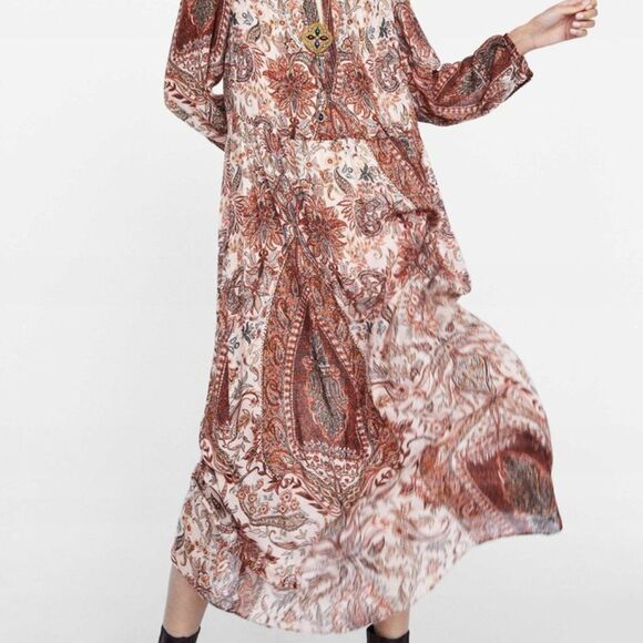 NEW ZARA WOMEN'S FLOWING SIDE SLITS PRINTED MIDI DRESS - Picture 4 of 9